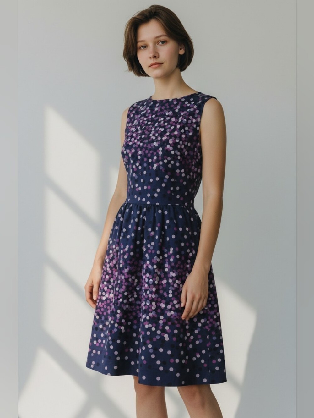 Navy Sleeveless Fit-and-Flare Dress with Lavender Dot Print